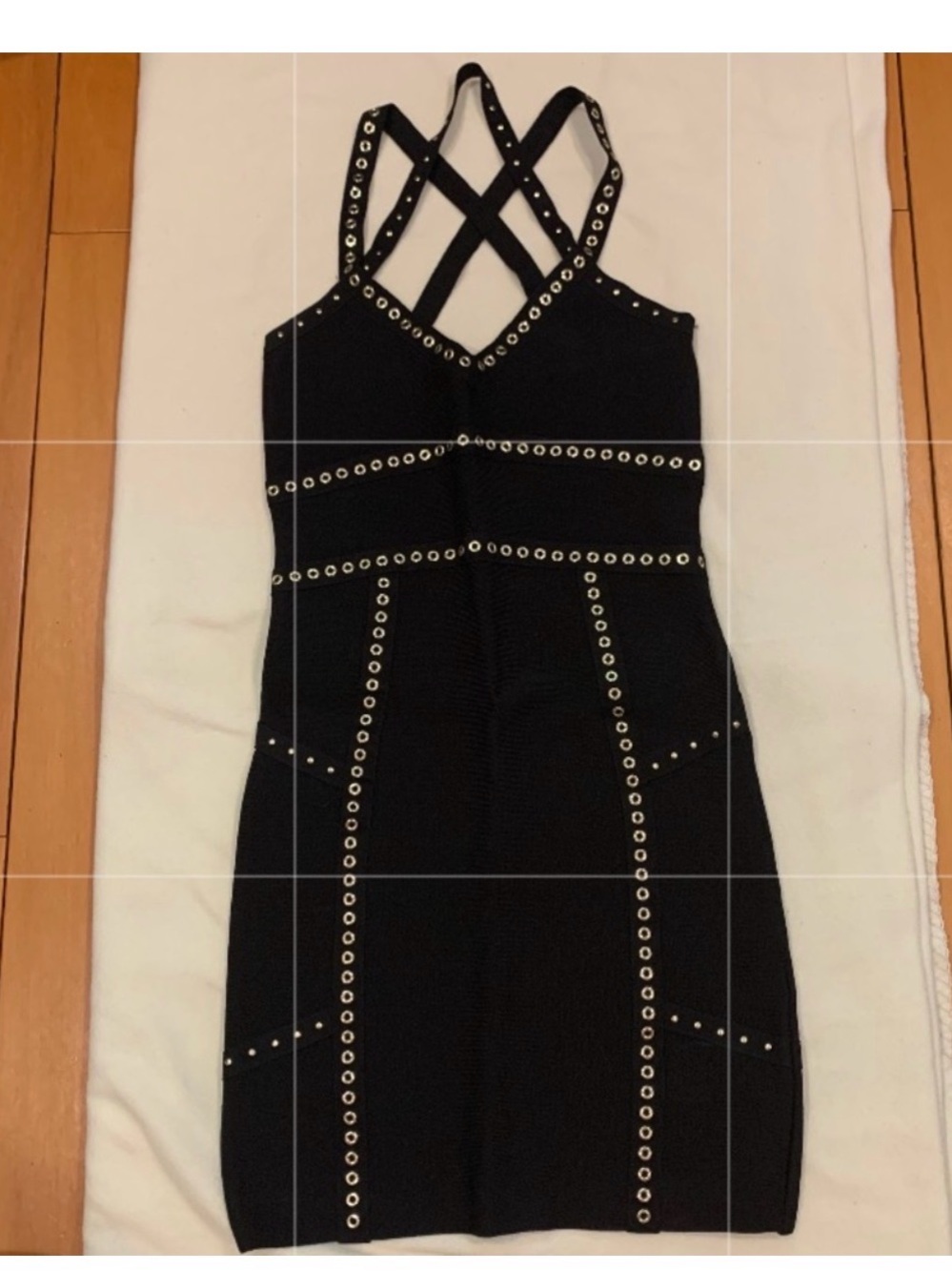 bebe Black Studded Crisscross Bodycon Mini Dress